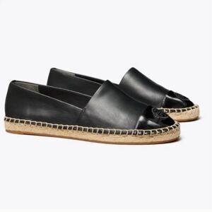 Tory Burch Black Leather Logo Cap Toe Espadrille Flats Women Size 6.5 ColorBlock